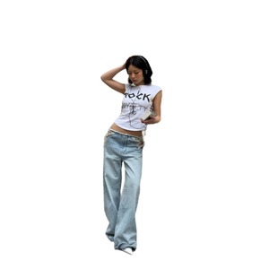 Jeans a gamba larga in denim di cotone traforato con strass a stella, stile western chic e sexy, con orlo grezzo, <span class=keywords><strong>pantaloni</strong></span> dritti, Collezione Estiva 2026, <span class=keywords><strong>per</strong></span> il commercio all'ingrosso - Product Image 6