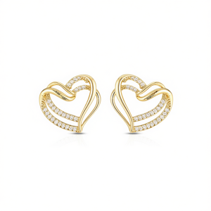 Orecchini a perno con cuore dorato in oro massiccio 18 carati con cristalli incastonati a canale, gioielli da sposa da donna - Product Image 1