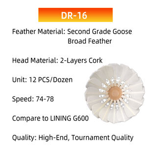 DunRun <span class=keywords><strong>DR</strong></span>-16高耐久性バドミントンシャトルコックトーナメント高品質のグースブロードフェザーPUコルクハイエンドのライニングG600を比較 - Product Image 2
