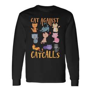 Camiseta de manga larga Cat Against Catcalls, unisex, cuello redondo, impresión digital, diseño activista promocional para adultos - Product Image 1