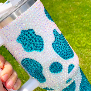 25PACK Super Sparkly Rhinestone Bling studded Milk <strong>Cowprint</strong> 40oz Double Wall Stainless Steel Tumbler With Handle Lid and Straw - Product Image 6