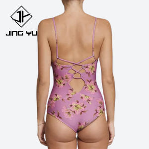 Tropical pink printed V-neck swimsuit, high-quality recycled polyester one-piece swimwear - Product Image 4