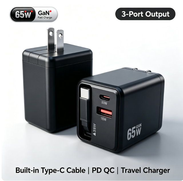 Wholesale 65W GaN Travel Charger  Foldable Plug Built in Telescopic Type C Cable PD QC Dual Port Fast Charging Wall Adapter