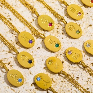 Kalung liontin besi tahan karat Titanium wanita, kalung perhiasan berlapis emas baja tahan karat zirkon kubik 12 zodiak untuk wanita - Product Image 1