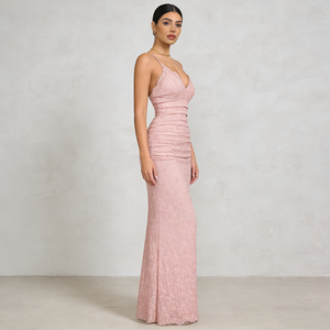 Robes pour femmes, rose clair, dentelle douce, bretelles spaghetti, col en V profond, plissée, sirène, élégante, formelle, <span class=keywords><strong>robe</strong></span> <span class=keywords><strong>de</strong></span> soirée pour invité <span class=keywords><strong>de</strong></span> <span class=keywords><strong>mariage</strong></span>, longues robes - Product Image 2