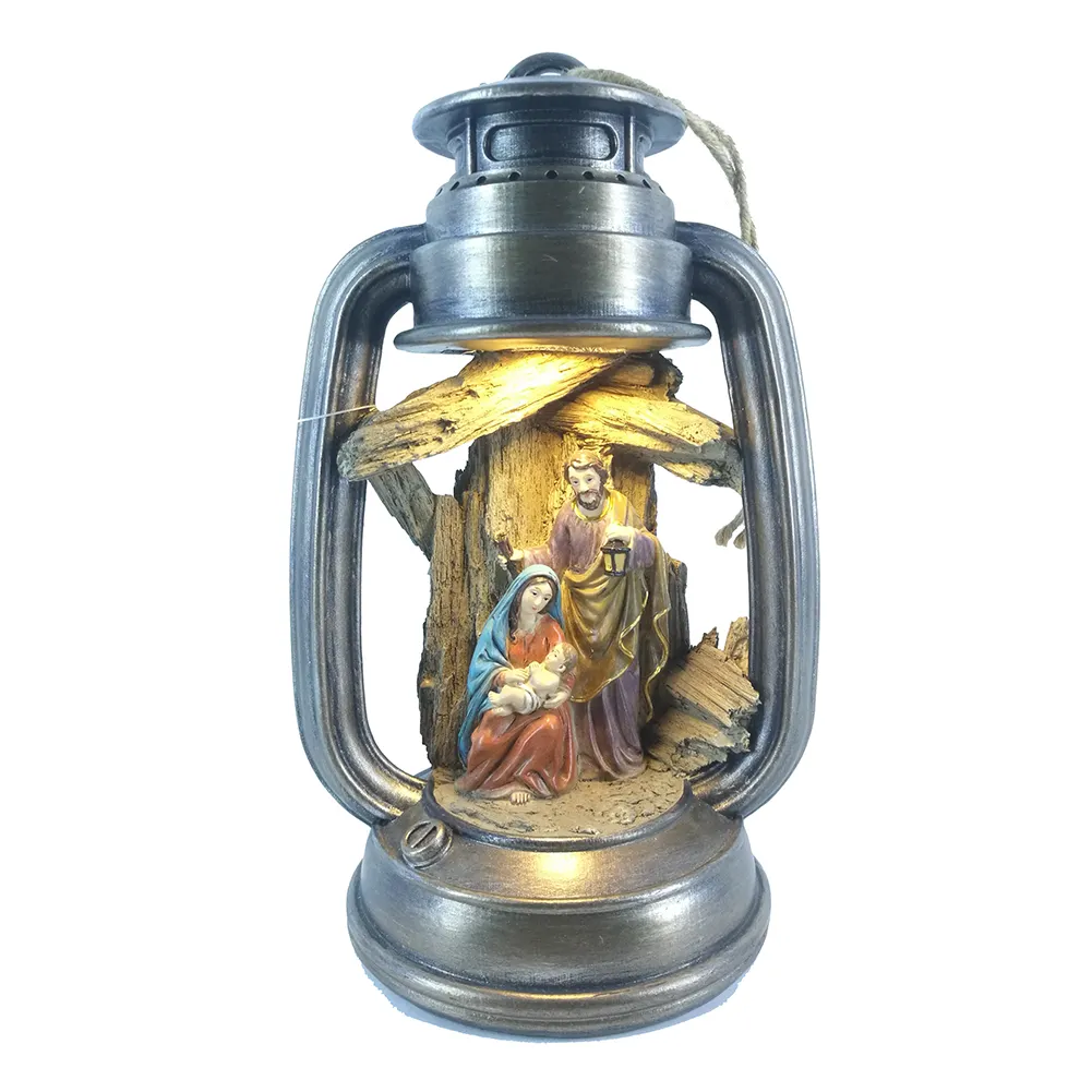 Decoración navideña de resina con luz led, lámpara de aceite con forma de Santa Familia, estatua religiosa