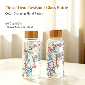 Bouteille en verre à changement de couleur sensible au froid, motif floral, avec couvercle en bambou, 10oz 18oz, pour boissons froides, cadeau de Noël - Product Image 2