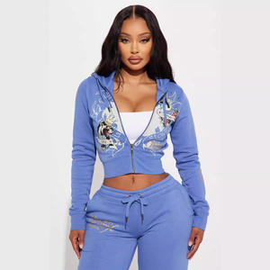 Ensemble 2 pièces streetwear pour femme, automne, comprenant un crop top à capuche zippé et un pantalon de survêtement coupe skinny, imprimé graphique, décontracté, grande taille, coupe courte - Product Image 3