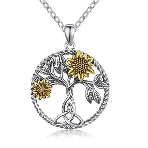 Ювелирные изделия Yiwu, два тона, металлическое круглое Дерево жизни, ромашка, цветок, кельтский узел, кулон, ожерелье для девочек