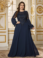 Robe de soirée élégante pour femmes, col rond, manches longues lanternes, luxe, patchwork de perles et de paillettes, en mousseline de soie, ajustée, formelle