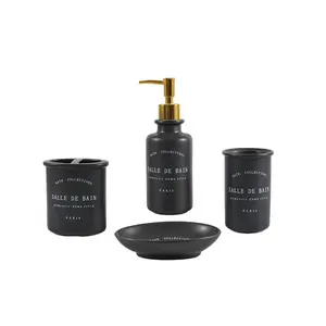 Custom Brand Name Bathroom Set Ceramic Toiletries Black Luxury Shower Liquid Soap Dispenser Set for Hotels
