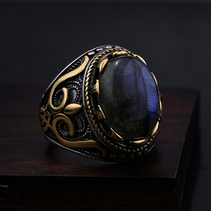 Vintage Gold Plated Stainless Steel Natural Gemstone <strong>Moon</strong> <strong>Stone</strong> <strong>Ring</strong> Flower Wave Pattern Design Party Wedding <strong>Rings</strong> Men Women - Product Image 4