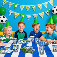 Dekorasi Pesta Ulang Tahun Anak Bertema Sepak Bola Biru Baru untuk Ramadhan & Wisuda dan Peralatan Makan Plastik Luar Ruangan