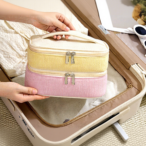 Bolsa de Maquillaje de Viaje de Doble Capa de Pana, Gran Capacidad, Portátil, con Soporte para Brochas, para Cosméticos y Artículos de Aseo - Product Image 6