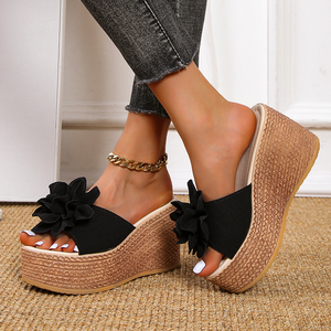 2025 Korean Version One Line Dragging Sponge Cake Slope Heel Thick Bottom Cool Dragging Bohemian Flower <b>slippers</b> - Product Image 6