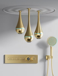 Sistema <span class=keywords><strong>Doccia</strong></span> a Pioggia Homedec con Soffione Quadrato, Miscelatore a Doppia Funzione con Doccetta, Finitura Ottone Spazzolato, Montaggio a Parete a 5 Maniglie - Product Image 3