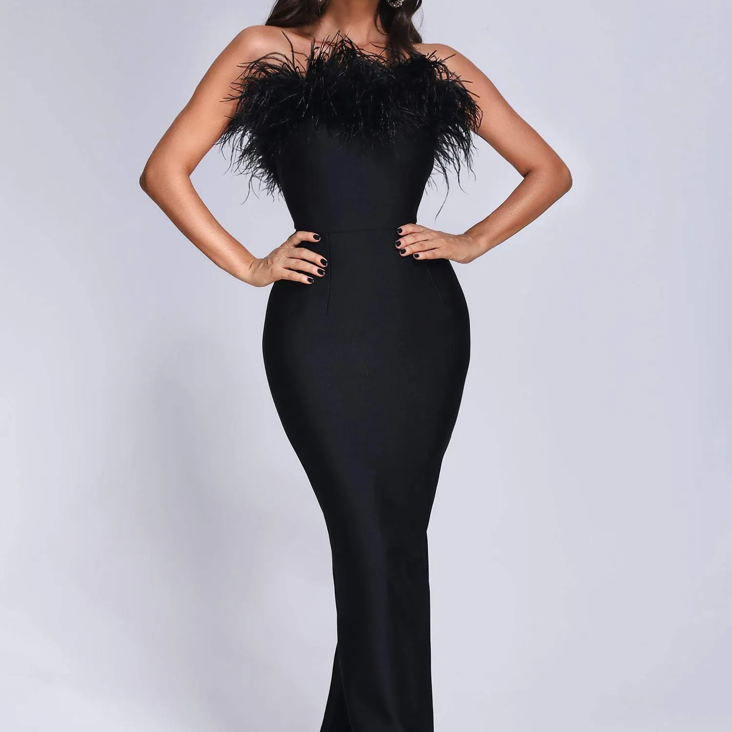 Women Off Shoulder Bandage Bodycon Feather Dress Black Evening Formal Maxi Dress With Feathers