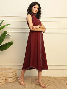Solid Cotton Tucks A-Line Shirt <b>Dress</b> for Women Mandarin Collar <b>Sleeveless</b> Ankle Length Regular Fit <b>Summer</b> Western Party Casual - Product Image 5