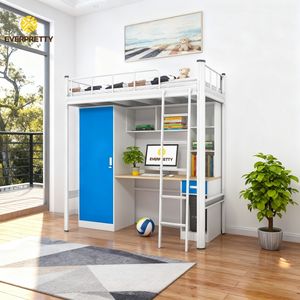 Muebles de Dormitorio de Diseño Moderno para Hostal <span class=keywords><strong>Juvenil</strong></span>, <span class=keywords><strong>Cama</strong></span> Alta de Metal para Estudiantes Solteros <span class=keywords><strong>con</strong></span> <span class=keywords><strong>Escritorio</strong></span>, Armario y Estantería para Libros, Hotel - Product Image 1