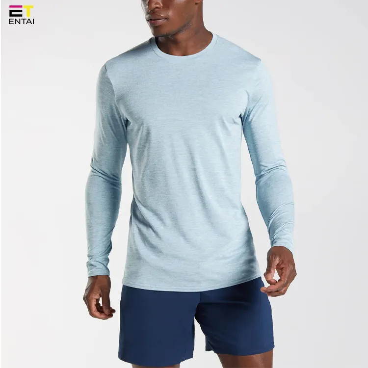 100% polyester men's sports long-sleeved lightweight material sweating slim crewneck top Custom OEM