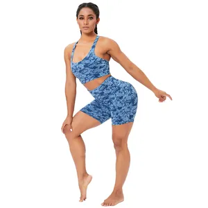 Dames Zomer Tropisch 3d Bloemenblad Bedrukte Sportbeha En Hoge Taille Shorts Yoga Set