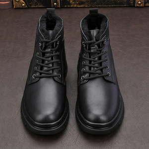 Bottes Martin pour hommes en cuir, hauteur cheville, chaudes pour l'hiver, doublées de fourrure, bout rond, à lacets, semelle en caoutchouc, style uni, isolantes - Product Image 5