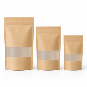 Bolsa de papel kraft en stock con ventana, tipo stand-up, de grado alimenticio, con cierre resellable para envasar café, té y aperitivos. - Product Image 1