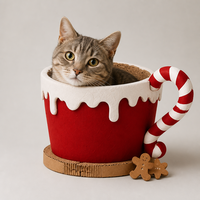Maison pour chat en carton ondulé, en forme de tasse de chocolat chaud avec poignée en forme de canne à sucre, base empilable et coussin