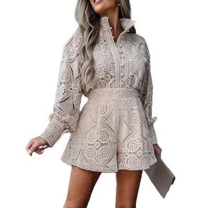 Conjunto de 2 Piezas de Verano para Mujer, Estilo Casual, Color Sólido, Cuello Alto, Camisa de Un Solo Pecho, Pantalones Cortos de Encaje, a la Moda - Product Image 5