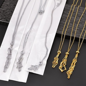 Collier tendance en acier inoxydable plaqué or avec cage pour pendentif, nouveau modèle, simple, réglable, avec pochette en maille pour pierres précieuses - Product Image 2