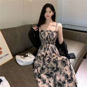 Plus Size Floral Print Sundress <b>Spaghetti</b> Strap Empire Waist <b>Long</b> Skirt Breathable Casual Dress For Women Summer 2025 - Product Image 1