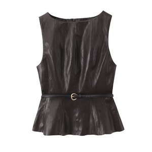 Top in Pelle PU <span class=keywords><strong>Marrone</strong></span> con Collo a Giro, Senza Maniche, Chiusura con Cerniera, Stile Casual e Alla Moda per Donne - Product Image 1