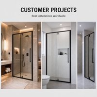 Porte de douche pivotante à cadre noir, finition polie, verre trempé, cabine de douche d'angle, vente en gros sur mesure