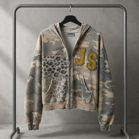 Ensemble sweat à capuche JUSHENG camouflage léopard patchwork avec imprimé lettres jaunes, survêtement deux pièces zippé streetwear