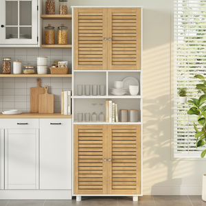 Armoire <span class=keywords><strong>de</strong></span> salle <span class=keywords><strong>de</strong></span> bain haute et moderne, gain <span class=keywords><strong>de</strong></span> place, avec 3 compartiments ouverts, étagères réglables, 4 portes en bambou pour utilisation en salle <span class=keywords><strong>de</strong></span> bain - Product Image 3