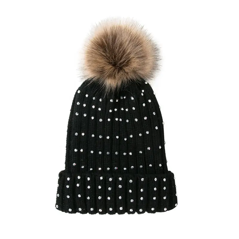 Gorro de nieve brillante para mujer, gorro de esquí con Calavera, de piel sintética Pompón, de punto, con diamantes de imitación brillantes