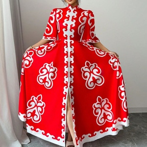 ชุดเดรสแฟชั่นผู้หญิงสีแดง คอจีน แขนสั้นทรงหลวม กระโปรงบานลายดอกไม้ คอตั้ง - Product Image 1