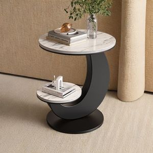 Mesa de Centro Redonda Moderna de Doble Capa con Tapa de Mármol, Mesa Auxiliar con Almacenamiento, Decoración para Sala de Estar - Product Image 1