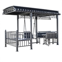 Banc de jardin traditionnel à balançoire avec structure en acier, table durable et toit rigide, ensemble de gazebo extérieur pour 8 personnes