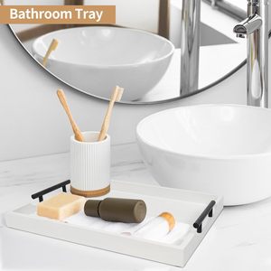 Grand plateau ottoman pour salon - Plateau <span class=keywords><strong>de</strong></span> service en bois avec poignées (2 ensembles) - 4 sous-verres inclus, blanc - Product Image 5