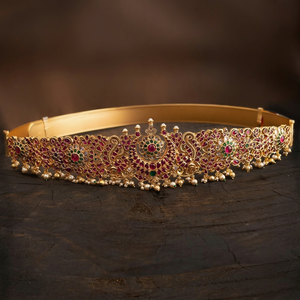 Kempu Moon Design Ottiyanam Fashion Body Jewelry Gold Plated Ruby Zinc Alloy Crown Earrings for Women - Product Image 1