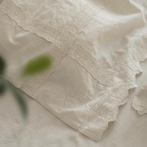 Ensemble de literie en coton et lin de style français rétro, 4 pièces, couleur unie, bordure à volants, respirant, pour usage domestique - Product Image 4