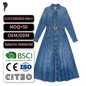 Vestido Largo Vaquero Azul Sólido de Manga Larga para Mujer, Estilo Boutique, con Cinturón y Botones, Casual - Product Image 1