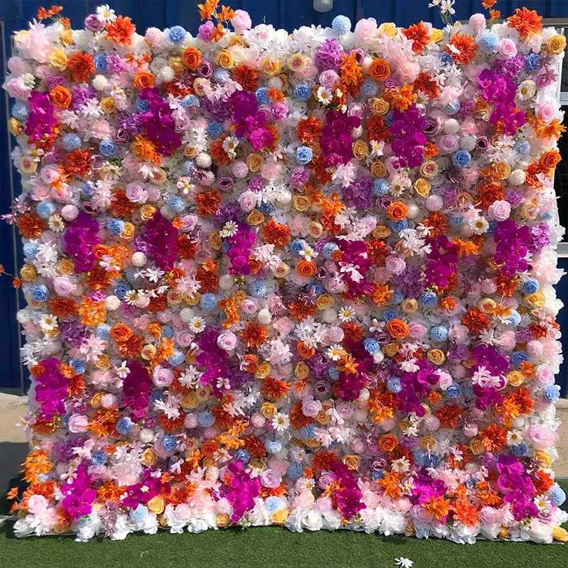 熱い販売ピンクの造花の壁は偽の花のパネルの背景をロールアップします5D花の壁Blumenwand結婚式の背景の装飾