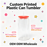 Gobelet en plastique transparent de 16 oz avec couvercle coloré et paille, idéal pour Halloween, Noël et les fêtes, réutilisable, en forme de canette, pour boissons
