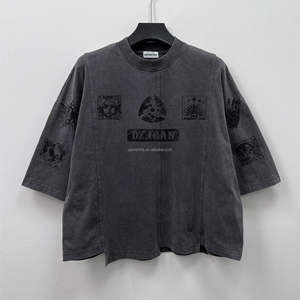 T-shirt en coton Streetwear lourd vintage personnalisé Boxy chemise d'impression d'épaule tombante Patchwork délavé à l'acide T-shirts surdimensionnés - Product Image 3