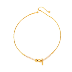 Collier pendentif en acier inoxydable plaqué or PVD avec perles et breloque en forme de T pour femmes, bijoux raffinés - Product Image 2