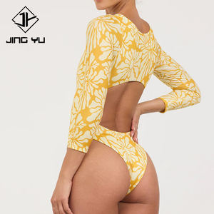 Summer Hawaiian Print Classic Sun Protection <b>Long</b>-<b>Sleeve</b> Surf Suit Custom Recycled Nylon Women's Surf <b>Swimsuit</b> - Product Image 3