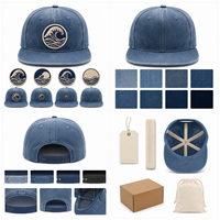 Casquette snapback vintage en denim délavé, imperméable, style sportif, petite série, avec patch tissé motif vague et étiquette personnalisée