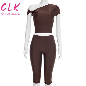 Nuovo Completo Estivo da <span class=keywords><strong>Donna</strong></span> Due Pezzi, Top Asimmetrico e Pantaloni in Tinta Unita, Outfit <span class=keywords><strong>Sexy</strong></span> - Product Image 2